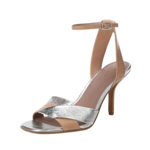 DVF Fiona Heels Sandals Womens 38.5 8.5 Nude Tan Silver Diane von Furstenberg